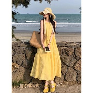 (免運)法式氣質黃色無袖背心連衣裙子女夏季穿搭海邊度假風顯瘦a字長裙