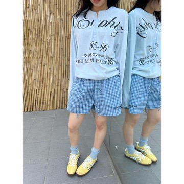 Axis Mundi 格子抽繩休閑短褲女2025夏季新款美式復古沙灘五分褲