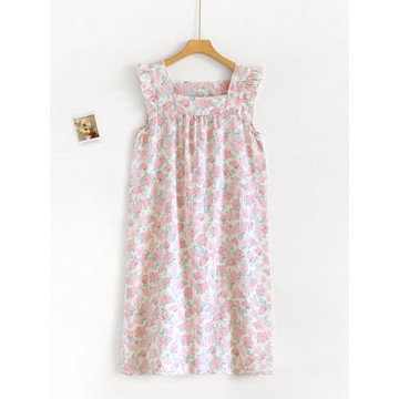 田園碎花吊帶睡裙女甜美可愛夏季薄款少女棉紗睡衣純棉公主家居服