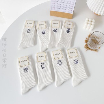 🔥2件9折🍊台北出貨🍊可開發票 可愛卡通刺繡白色襪子春夏ins潮韓國jk棉襪條紋女中筒日系堆堆襪