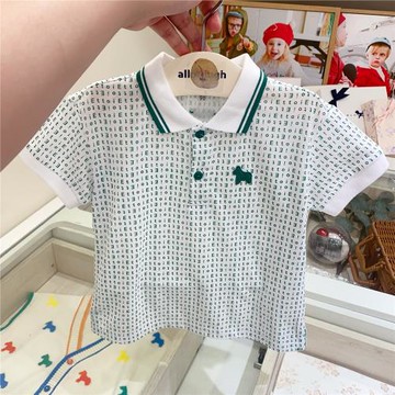 韓國童裝 24夏新款男女童寶寶休閑滿印綠色字母翻領短袖T恤上衣