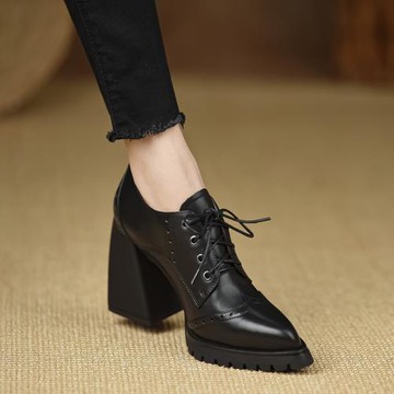 熊大叔手工女鞋~9.3cm高跟鞋粗跟深口單鞋真皮復古系帶尖頭防水臺