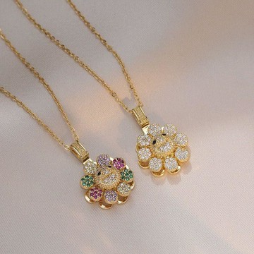 ✨元氣新品✨日韓流行鋯石可旋轉項鍊轉動彩色笑臉吊墜滿鑽爆閃十字鏈太陽花GDRA