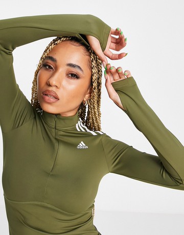 adidas Training 1/4 zip long sleeve top with three stripe in khaki-Green