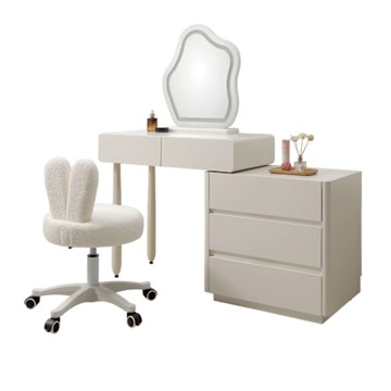 文創集 德恩2.7尺雙色伸縮觸控鏡面鏡台組合(含可升降化妝椅)-80-120x41x76cm免組