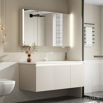 附發票 【新品】顧之衛浴奶油風浴室櫃組閤智能感應鏡櫃一體陶瓷盆洗漱臺洗手池