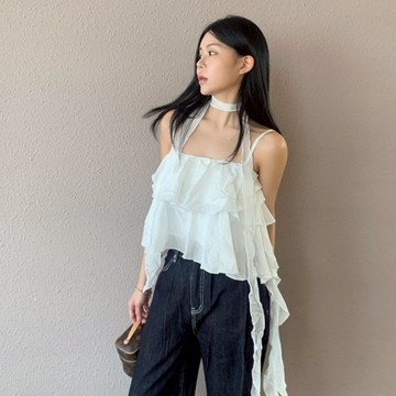 【太妮絲Q232】 現貨 繞脖綁帶背心上衣 不規則 洋裝 飄飄 女裝 浪漫小可愛 性感 韓國 chic 法式 甜美 荷葉