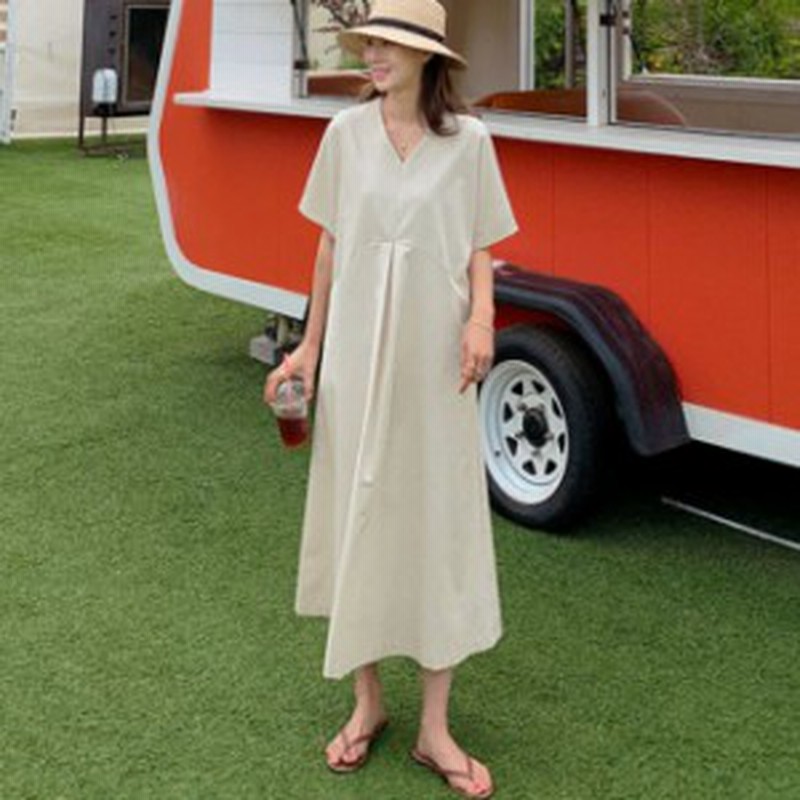 ワンピース レディース 春 夏 秋 リネン コットン リネンワンピース 綿麻 ロング丈 ｖネック 半袖 無地 トレンド ａライン 体型カバー 通販 Lineポイント最大4 0 Get Lineショッピング
