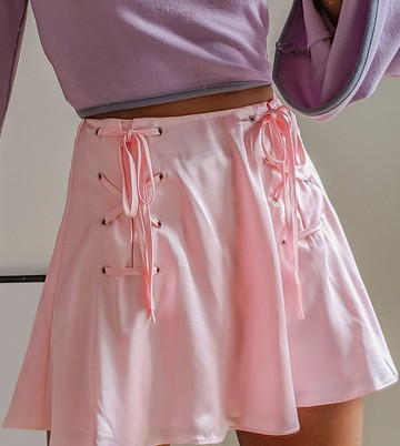 Labelrail x Pose and Repeat flippy mini skirt with hip ties in pink satin