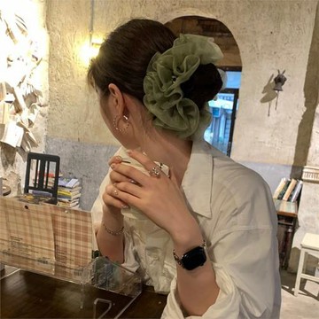 慵懶風綠色緞面輕薄網紗發圈扎發高級感絲綢小眾頭繩發飾新款