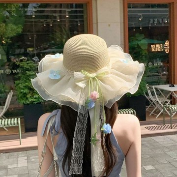 臺灣出719🚚新款lolita蕾絲花邊草帽裝飾夏日仙氣飄飄大頭圍旅遊海邊打卡90