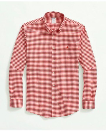 Brooks Brothers Men's Stretch Non-Iron Oxford Button-Down Collar, Gingham Sport Shirt | Red | Size XL