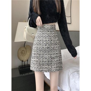 大碼小香風粗花呢粉色半身裙秋冬新款小個子韓版高腰顯瘦包臀短裙