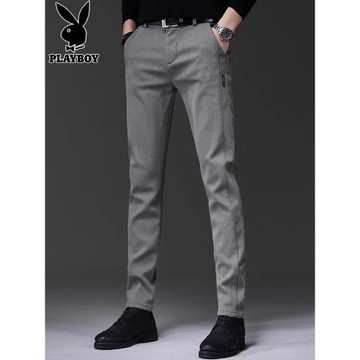 花花公子休閑褲男士秋冬季新款修身小腳西褲潮牌百搭淺灰長褲子男
