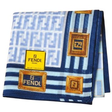 FENDI 經典雙 F 棋盤紋圖騰字母LOGO帕巾(藍色系/46CM)