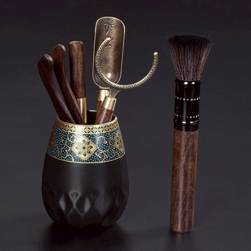 陶福氣 琺瑯彩黑天目茶道六君子 家用黑檀木銅制茶夾茶叉壺筆組合