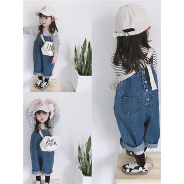 2025春秋女童水洗牛仔連體褲男童寬松背帶褲寶寶休閑闊腿吊帶褲夏