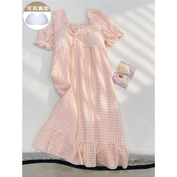 公主風睡衣女款夏季純棉帶胸墊粉色格子睡裙加肥加大碼胖mm家居服