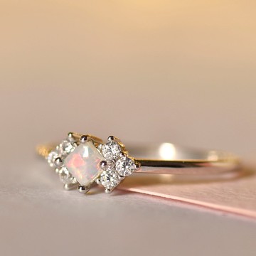 正方形蛋白石戒指 - 925純銀 - 鋯石 - 歐泊