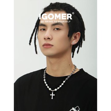 IGOMER歐美十字架鑲鉆反光珍珠鎖骨鈦鋼項鏈男嘻哈百搭古巴鏈情侶