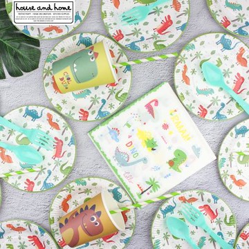 一次性紙盤森系綠色恐龍環保紙質餐碟蛋糕小碟幼兒園生日派對餐具