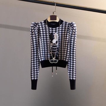 復古卡通兔子刺繡針織衫女秋冬短款高腰泡泡袖打底千鳥格長袖上衣