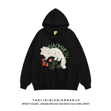 國潮牌趣味貓咪植絨連帽衛衣女秋季寬松休閑420g重磅情侶外套上衣