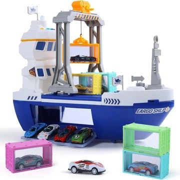 CuteStone 二合一大型貨櫃運輸船玩具套裝（附多款合金小汽車+起重吊車+擬真聲光收納功能/生日禮物）