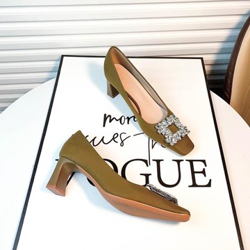 氣質設計感小眾法式水鉆綠色高跟鞋女粗跟2025年新款方頭淺口單鞋