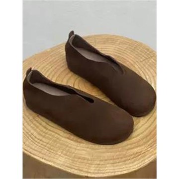 手工復古文藝圓頭平底單鞋2025春夏新款真皮軟底奶奶鞋休閑豆豆鞋