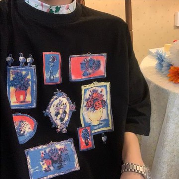 C2自制/碎花小高領復古T恤衫涂鴉小眾設計感印花潮牌短袖潮牌上衣