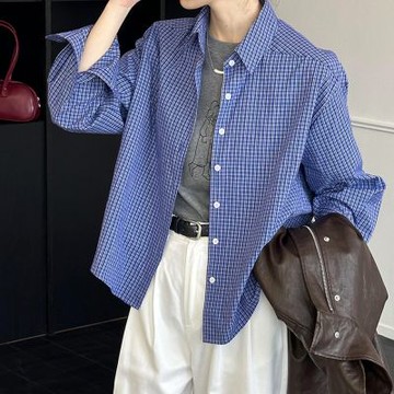 [巴黎精品] 現貨+預購 高級法式寬鬆襯衫上衣長袖罩衫T恤大碼百搭休閒女裝-慵懶藍格子女上衣a1kt7