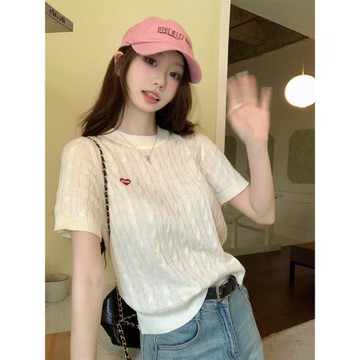 法式刺繡t恤女夏季新款麻花針織短袖絕美顯瘦小衫奶系溫柔風上衣