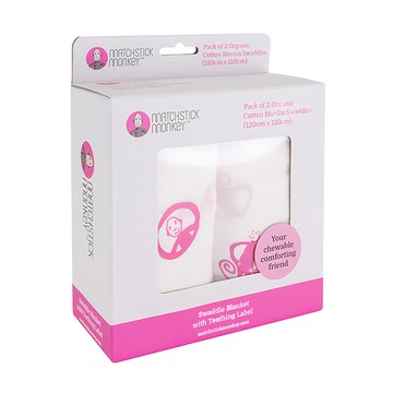 MATCHSTICK Monkey 100%有機棉嬰兒包巾 2入組 包巾+固齒器二合一 哺乳巾、小蓋被、遊戲墊  桃喜猴