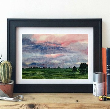 原創水彩畫多雲的天空景觀綠地藝術樹木畫