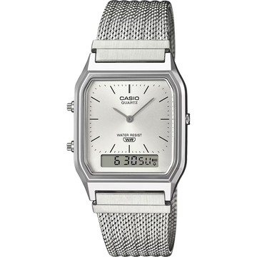 CASIO 學生錶 復刻方型雙顯電子指針編織帶手錶 AQ-230EM-7A