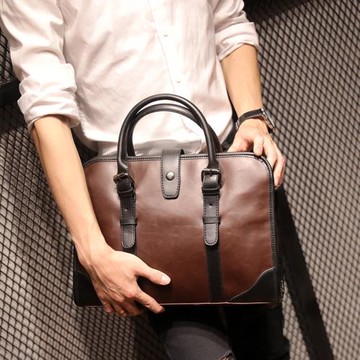 【BONum 博紐】韓版學院風格瘋馬皮書包 公事包 電腦包(學生 潮包 筆電 大學 手提 兩用 肩背)