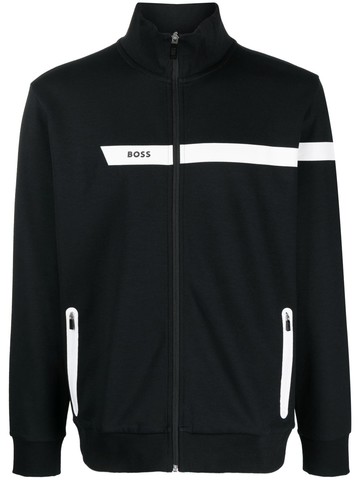 BOSS - logo-print zip-up sweatshirt - men - Cotton/Elastane - M - Black