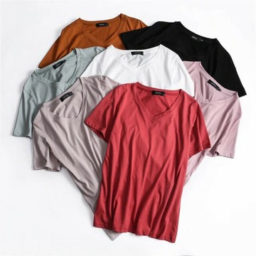 寬鬆顯瘦純棉v領短袖上衣(大尺碼上衣 純棉T恤)