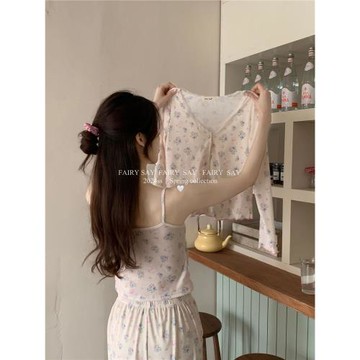 春夏韓系卡通碎花蕾絲小貓睡衣溫柔吊帶三件套針織螺紋花邊家居服