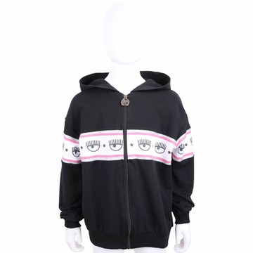 Chiara Ferragni Logomania 童裝 眨眼印花黑色拉鍊連帽運動衫 外套