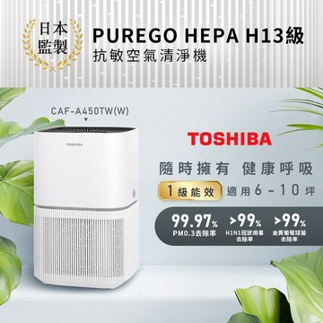 【TOSHIBA東芝】PUREGO HEPA H13級抗敏空氣清淨機(適用6-10坪) CAF-A450TW(W)