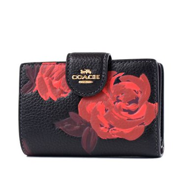 COACH 立體浮雕玫瑰鵝卵石紋釦式中夾-黑色