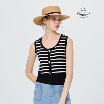 OUWEY歐薇 U領條紋排釦縲縈針織背心(黑；S-L)