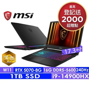 MSI微星 Katana 17 HX B14WGK-037TW 17.3吋電競筆電(i9-14900HX/16G/1T SSD/RTX5070-8G/Win11)