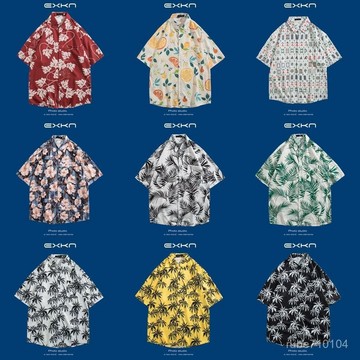 夏季夏威夷男短袖襯衫休閒沙灘襯衣寬鬆情侶百搭港風複古度假外套 港風襯衫 日係潮流 肌理感 帥哥穿搭 痞帥 短袖襯衫 復古