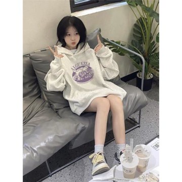 灰色美式慵懶風連帽衛衣女秋冬2024年新款爆款小個子oversize潮流