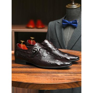 鱷魚紋皮鞋男款真皮2025新款英倫風商務正裝尖頭一腳蹬搭扣孟克鞋