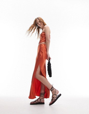 Topshop co-ord floor length bias side split skirt in burnt orange