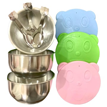 304不鏽鋼兒童碗 馬卡龍色系碗蓋 附湯匙 三入組  1組  多色  11 x 6cm